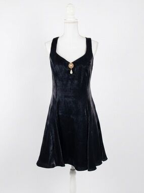 VTG 80s Susan Roselli Vijack Metallic FitFlare Mini Dress Brooch Cage Back ILGWU